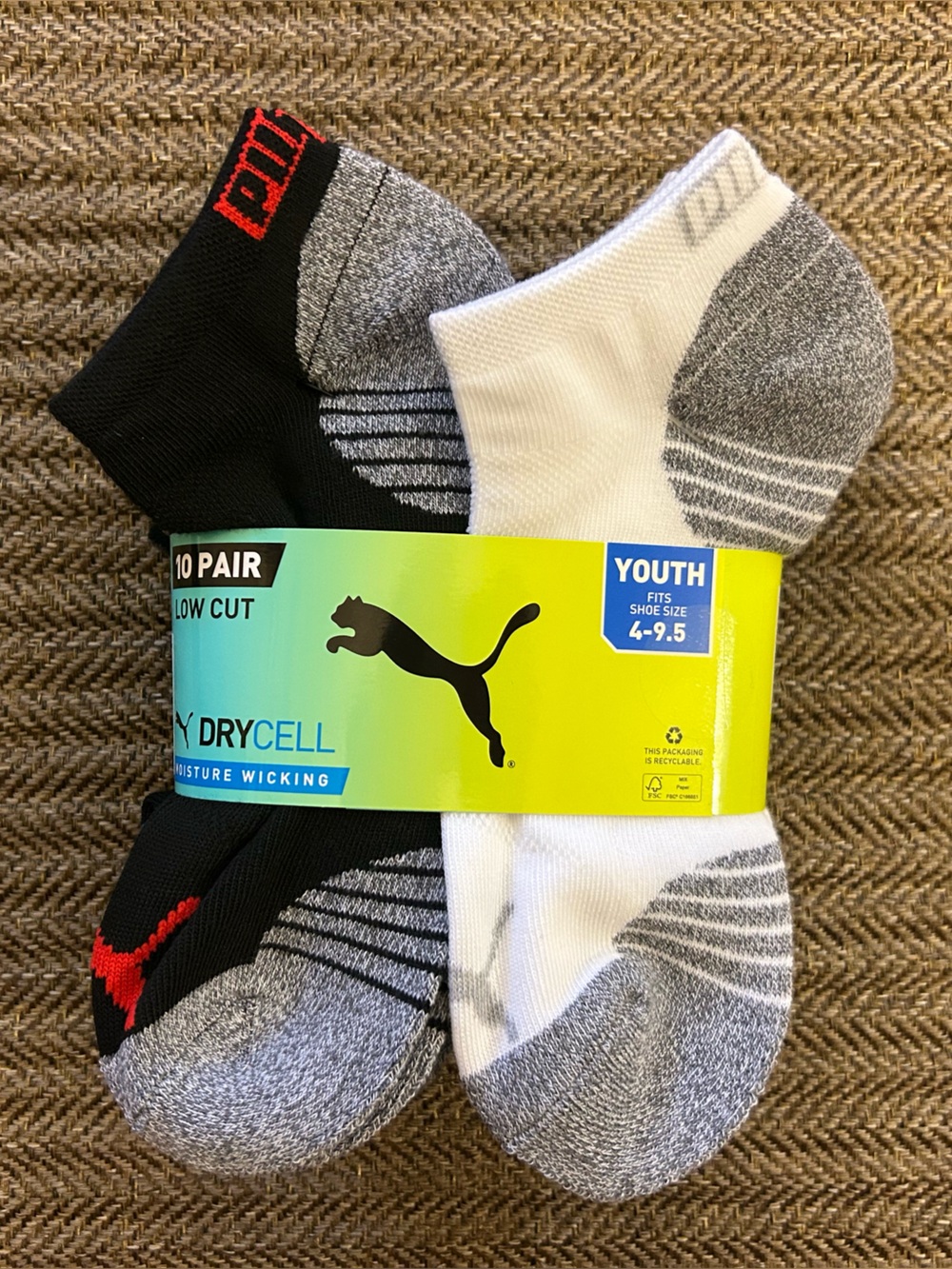 Puma Youth Low-Cut Athletic Socks - Black & White (10-Pack)